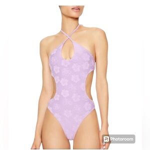 NWOT FOREVER 21 Terry Cloth High Neck One Piece Lilac Cut Out Crossover Swimsuit
